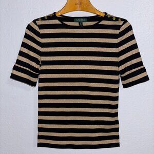 Lauren Ralph Lauren Petite PS Black Gold Shimmer Stripe Knit Top Button Shoulder